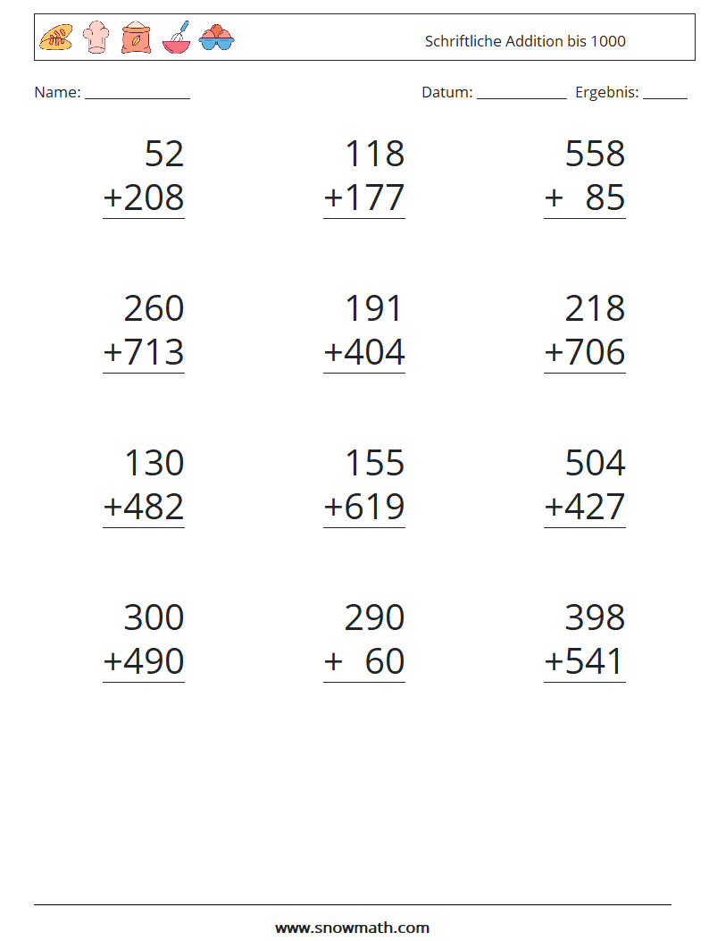 (12) Schriftliche Addition bis 1000 Mathe-Arbeitsblätter 6