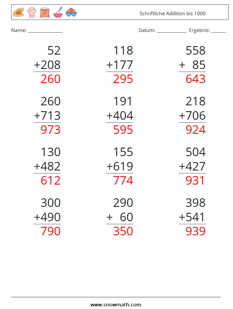 (12) Schriftliche Addition bis 1000 Mathe-Arbeitsblätter 6 Frage, Antwort