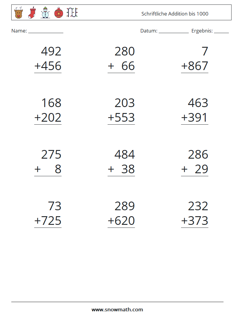 (12) Schriftliche Addition bis 1000 Mathe-Arbeitsblätter 7