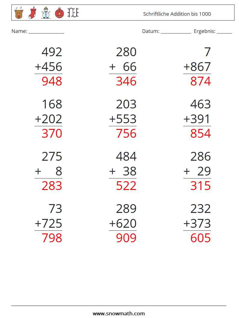 (12) Schriftliche Addition bis 1000 Mathe-Arbeitsblätter 7 Frage, Antwort