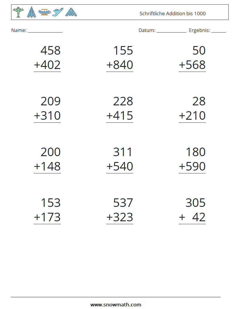 (12) Schriftliche Addition bis 1000 Mathe-Arbeitsblätter 8