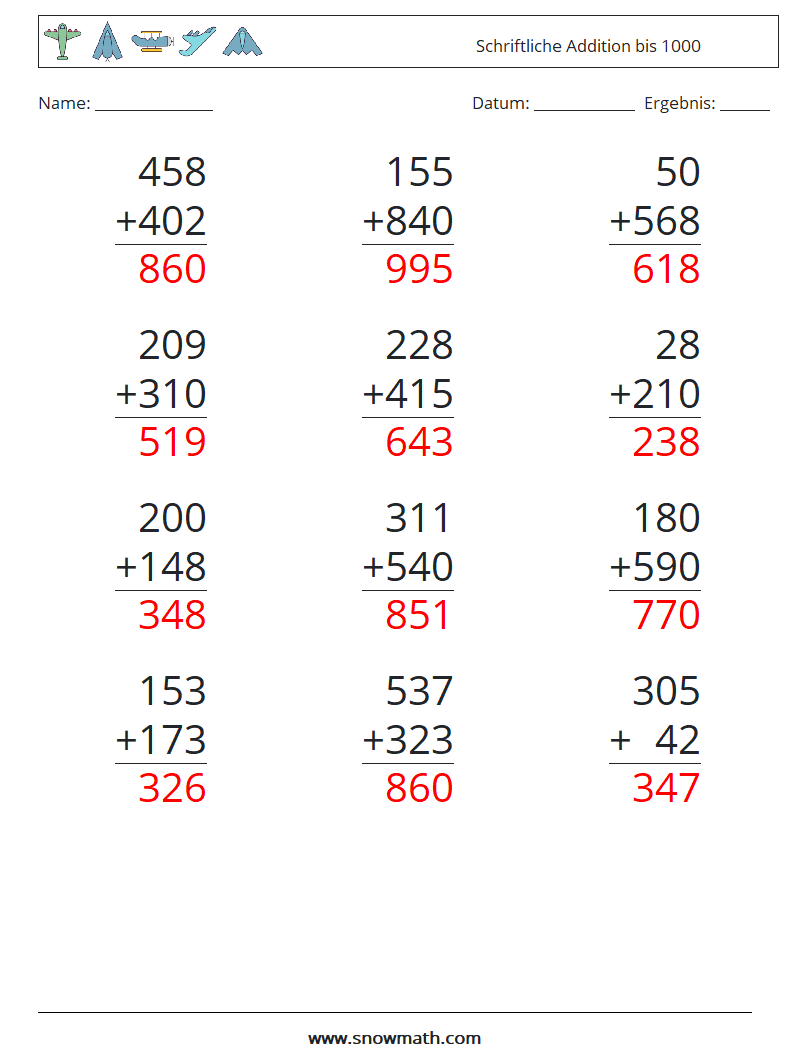 (12) Schriftliche Addition bis 1000 Mathe-Arbeitsblätter 8 Frage, Antwort