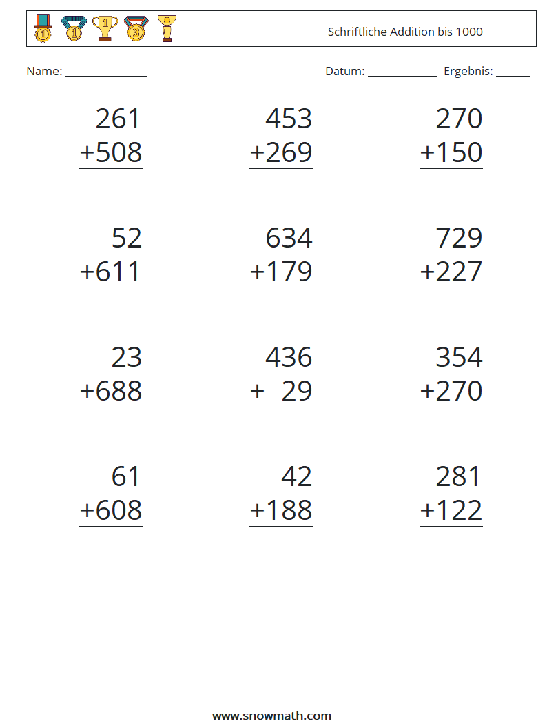 (12) Schriftliche Addition bis 1000 Mathe-Arbeitsblätter 9