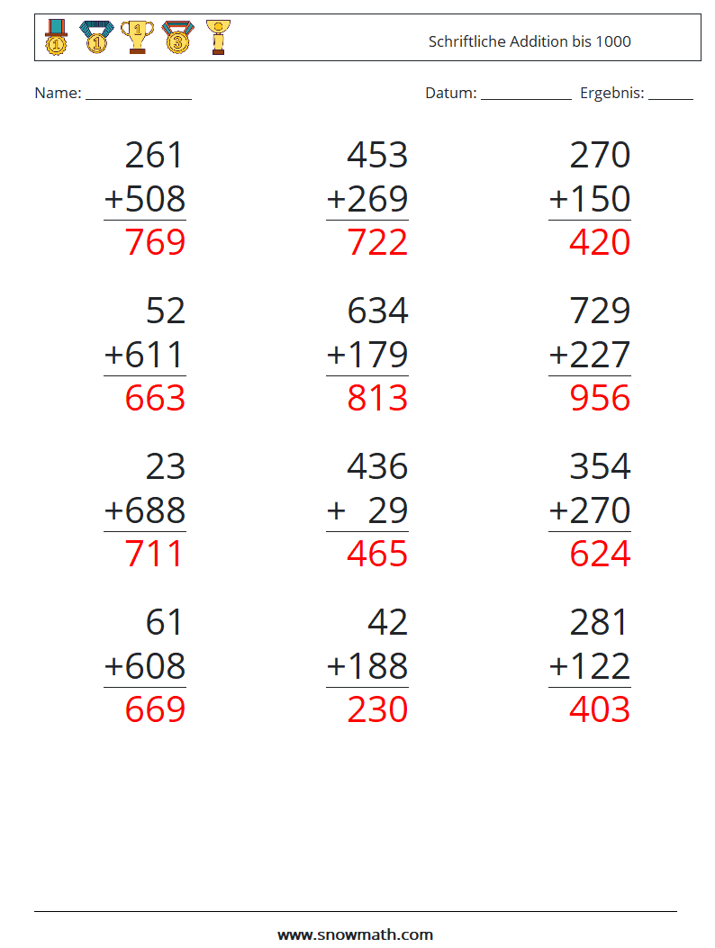 (12) Schriftliche Addition bis 1000 Mathe-Arbeitsblätter 9 Frage, Antwort