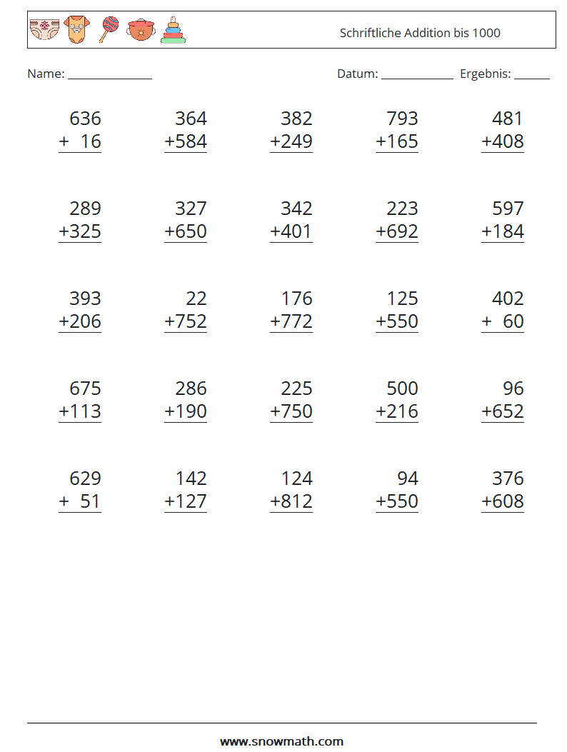 (25) Schriftliche Addition bis 1000 Mathe-Arbeitsblätter 1