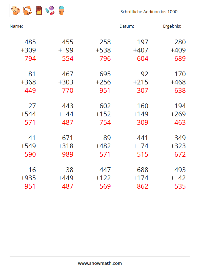 (25) Schriftliche Addition bis 1000 Mathe-Arbeitsblätter 11 Frage, Antwort