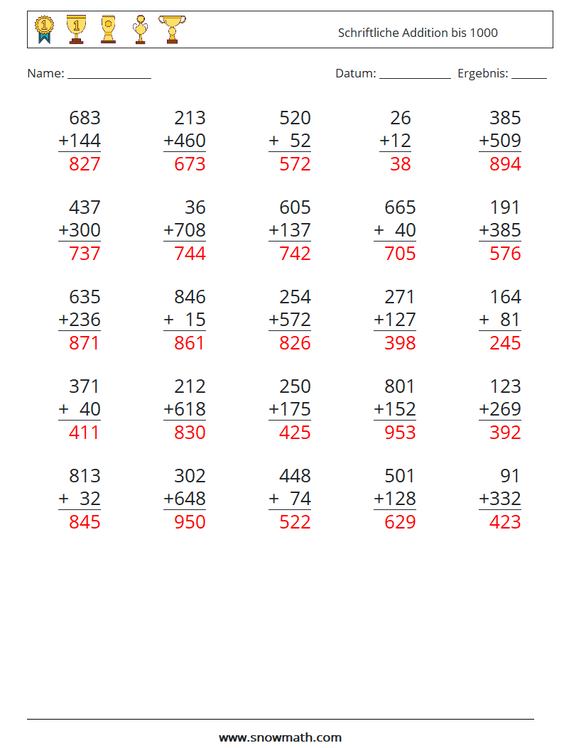 (25) Schriftliche Addition bis 1000 Mathe-Arbeitsblätter 12 Frage, Antwort