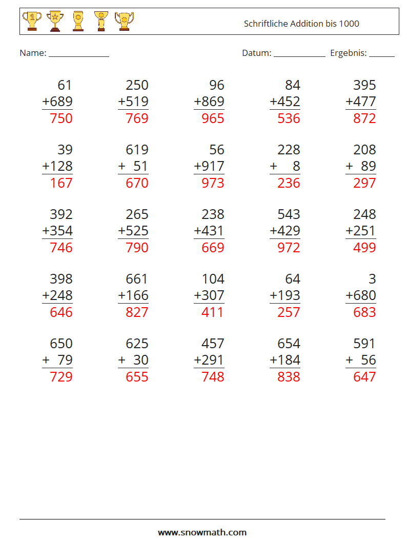 (25) Schriftliche Addition bis 1000 Mathe-Arbeitsblätter 13 Frage, Antwort