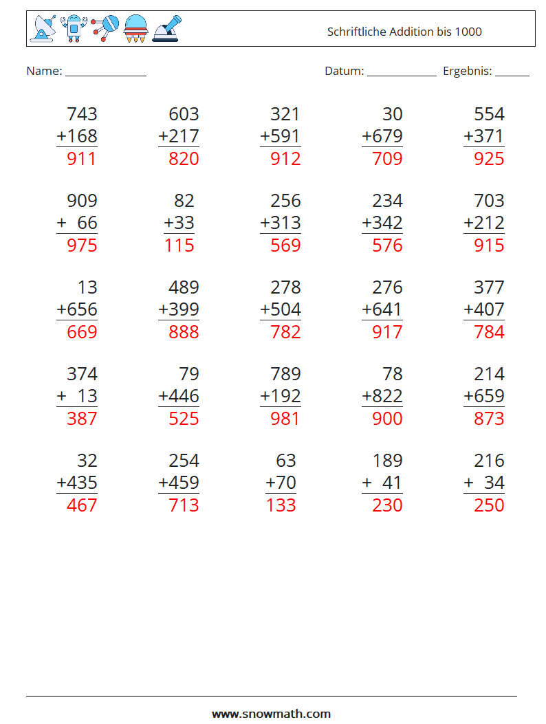 (25) Schriftliche Addition bis 1000 Mathe-Arbeitsblätter 15 Frage, Antwort