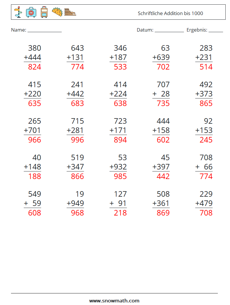 (25) Schriftliche Addition bis 1000 Mathe-Arbeitsblätter 16 Frage, Antwort