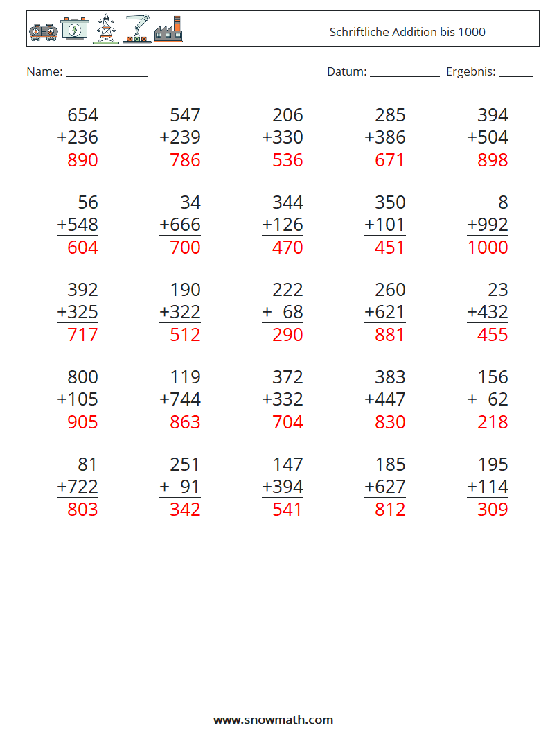 (25) Schriftliche Addition bis 1000 Mathe-Arbeitsblätter 17 Frage, Antwort