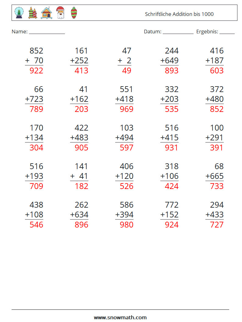 (25) Schriftliche Addition bis 1000 Mathe-Arbeitsblätter 18 Frage, Antwort