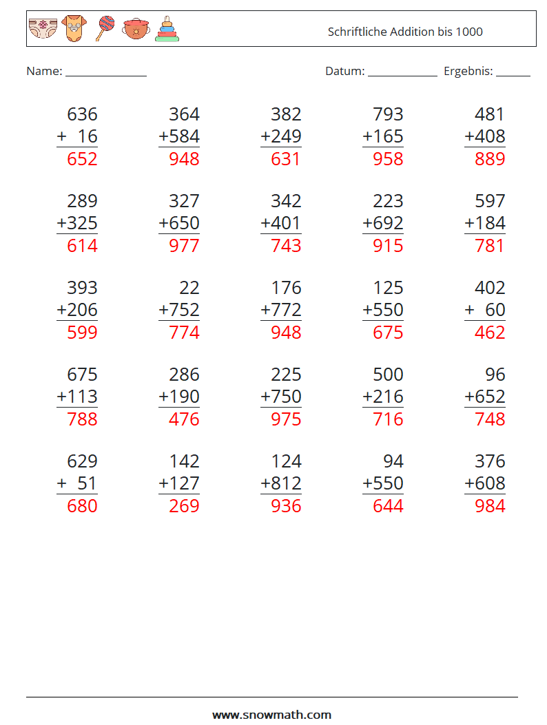 (25) Schriftliche Addition bis 1000 Mathe-Arbeitsblätter 1 Frage, Antwort