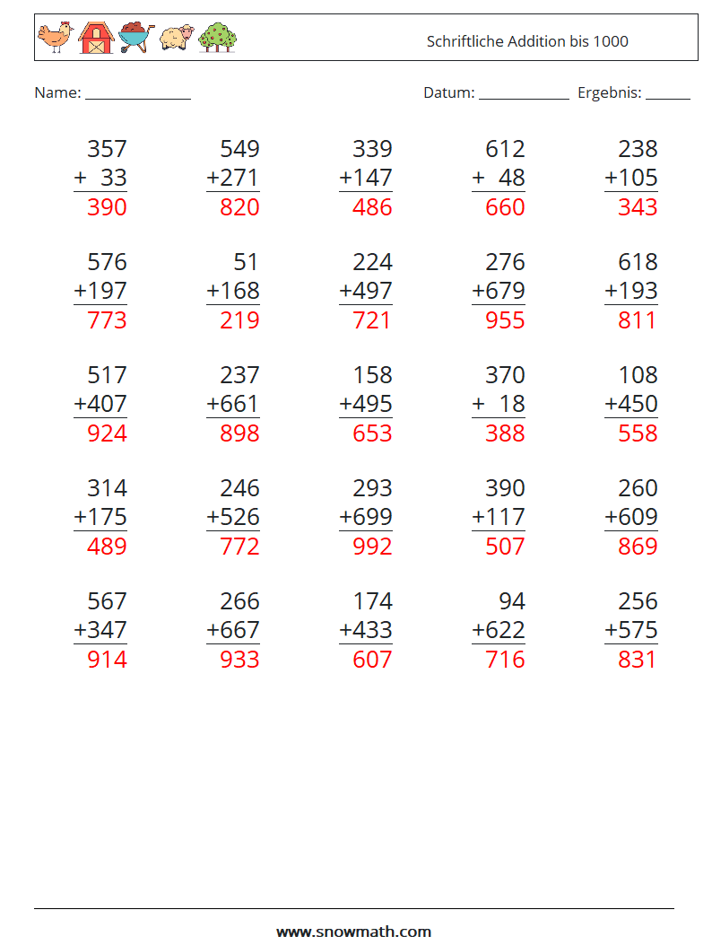 (25) Schriftliche Addition bis 1000 Mathe-Arbeitsblätter 2 Frage, Antwort