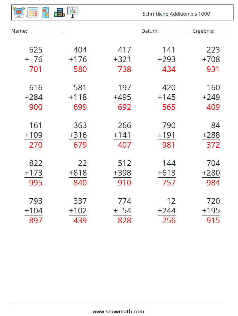 (25) Schriftliche Addition bis 1000 Mathe-Arbeitsblätter 3 Frage, Antwort