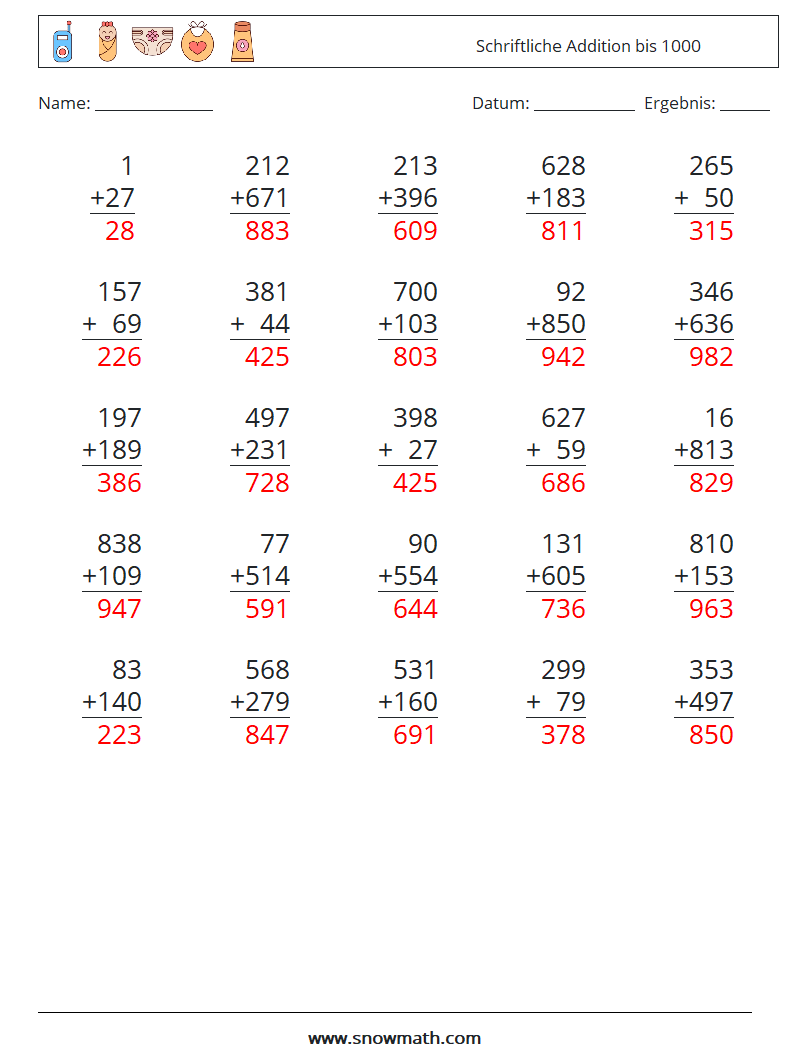 (25) Schriftliche Addition bis 1000 Mathe-Arbeitsblätter 4 Frage, Antwort