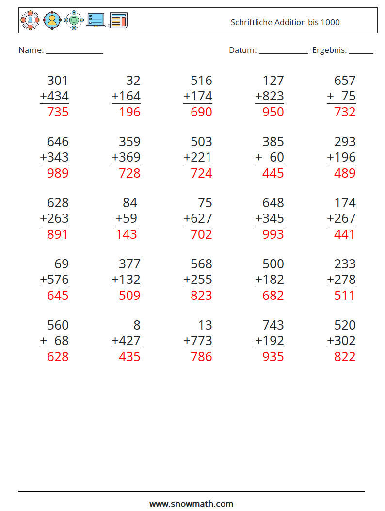 (25) Schriftliche Addition bis 1000 Mathe-Arbeitsblätter 5 Frage, Antwort