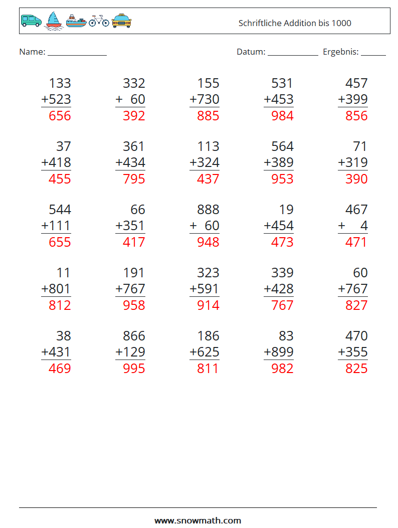 (25) Schriftliche Addition bis 1000 Mathe-Arbeitsblätter 7 Frage, Antwort