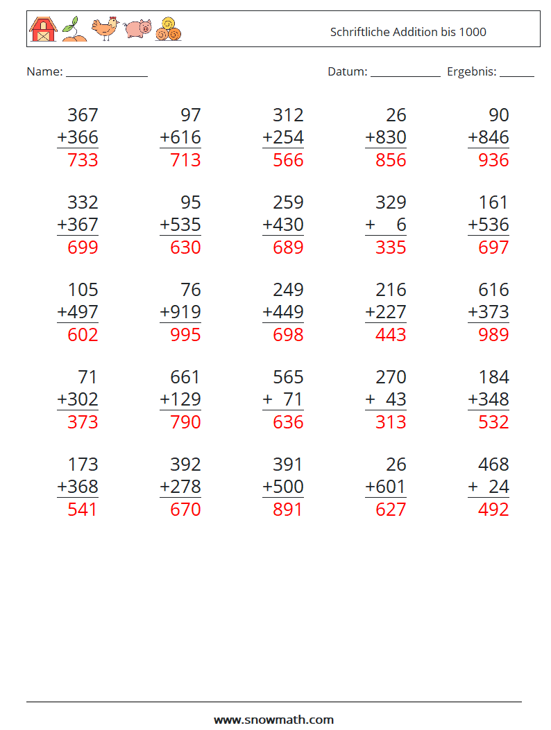 (25) Schriftliche Addition bis 1000 Mathe-Arbeitsblätter 8 Frage, Antwort