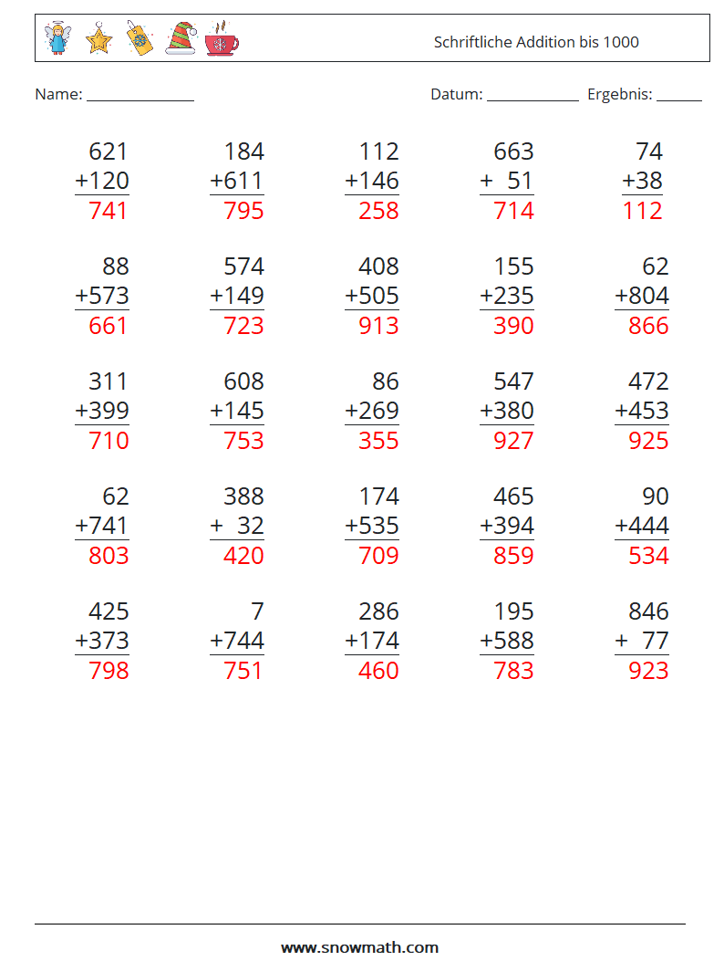 (25) Schriftliche Addition bis 1000 Mathe-Arbeitsblätter 9 Frage, Antwort