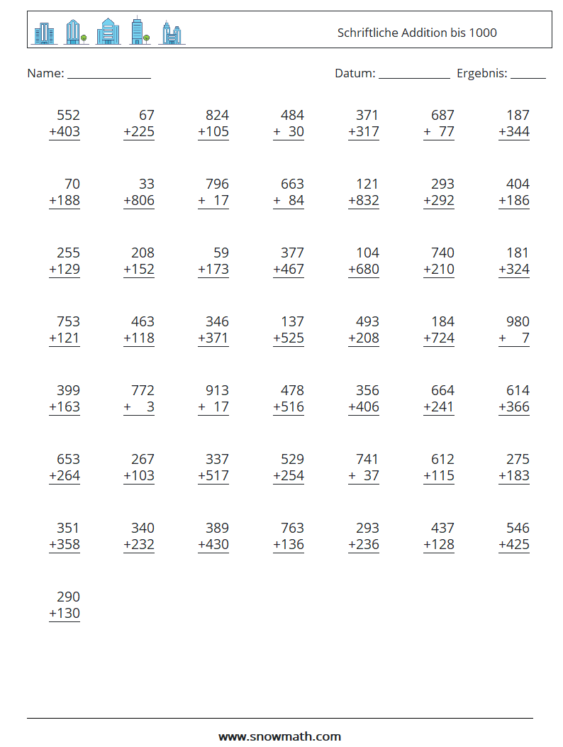 (50) Schriftliche Addition bis 1000 Mathe-Arbeitsblätter 1