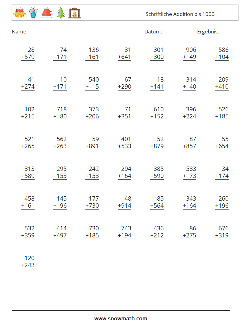 (50) Schriftliche Addition bis 1000 Mathe-Arbeitsblätter 10