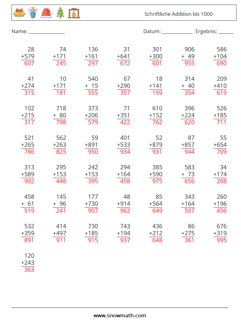 (50) Schriftliche Addition bis 1000 Mathe-Arbeitsblätter 10 Frage, Antwort