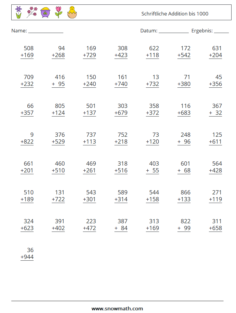 (50) Schriftliche Addition bis 1000 Mathe-Arbeitsblätter 13