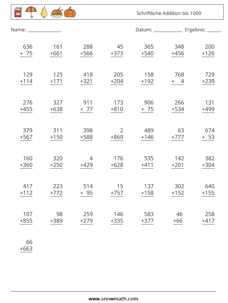 (50) Schriftliche Addition bis 1000 Mathe-Arbeitsblätter 14