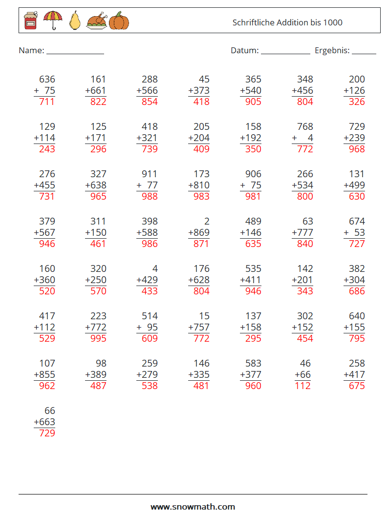 (50) Schriftliche Addition bis 1000 Mathe-Arbeitsblätter 14 Frage, Antwort