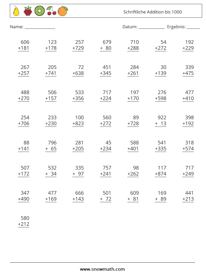 (50) Schriftliche Addition bis 1000 Mathe-Arbeitsblätter 15