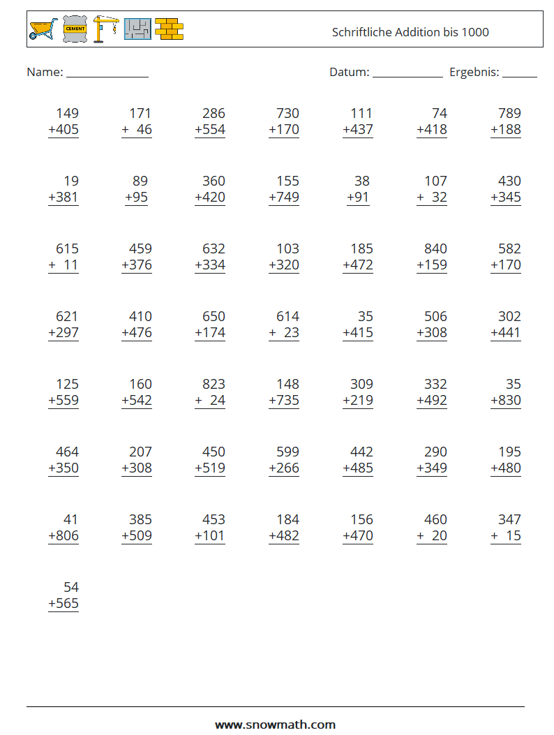 (50) Schriftliche Addition bis 1000 Mathe-Arbeitsblätter 16