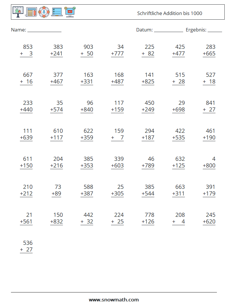 (50) Schriftliche Addition bis 1000 Mathe-Arbeitsblätter 17