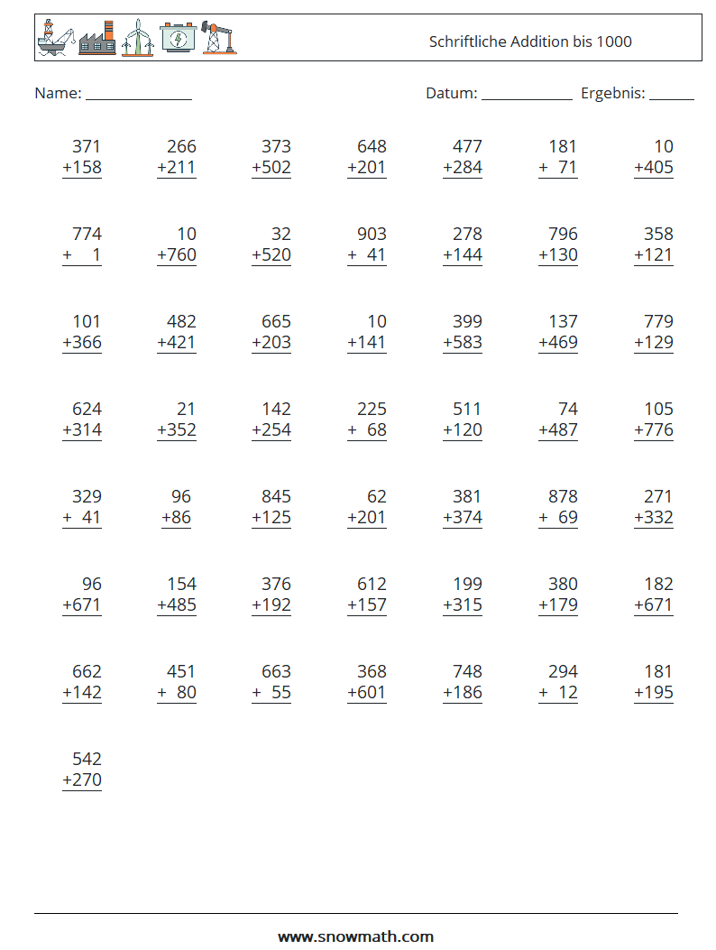 (50) Schriftliche Addition bis 1000 Mathe-Arbeitsblätter 18