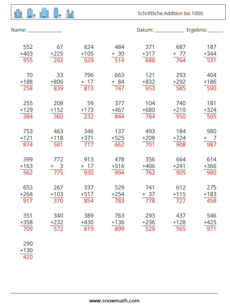 (50) Schriftliche Addition bis 1000 Mathe-Arbeitsblätter 1 Frage, Antwort