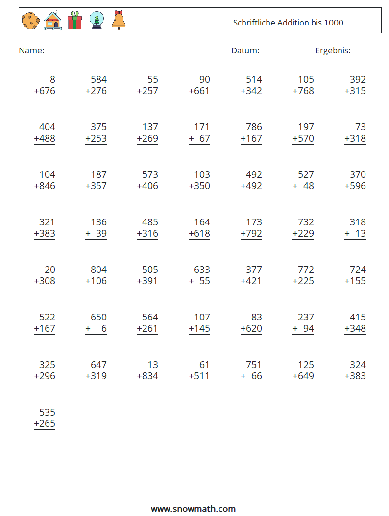 (50) Schriftliche Addition bis 1000 Mathe-Arbeitsblätter 2