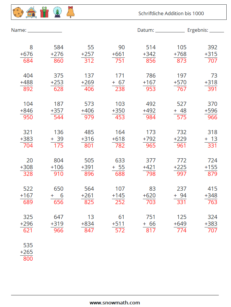 (50) Schriftliche Addition bis 1000 Mathe-Arbeitsblätter 2 Frage, Antwort