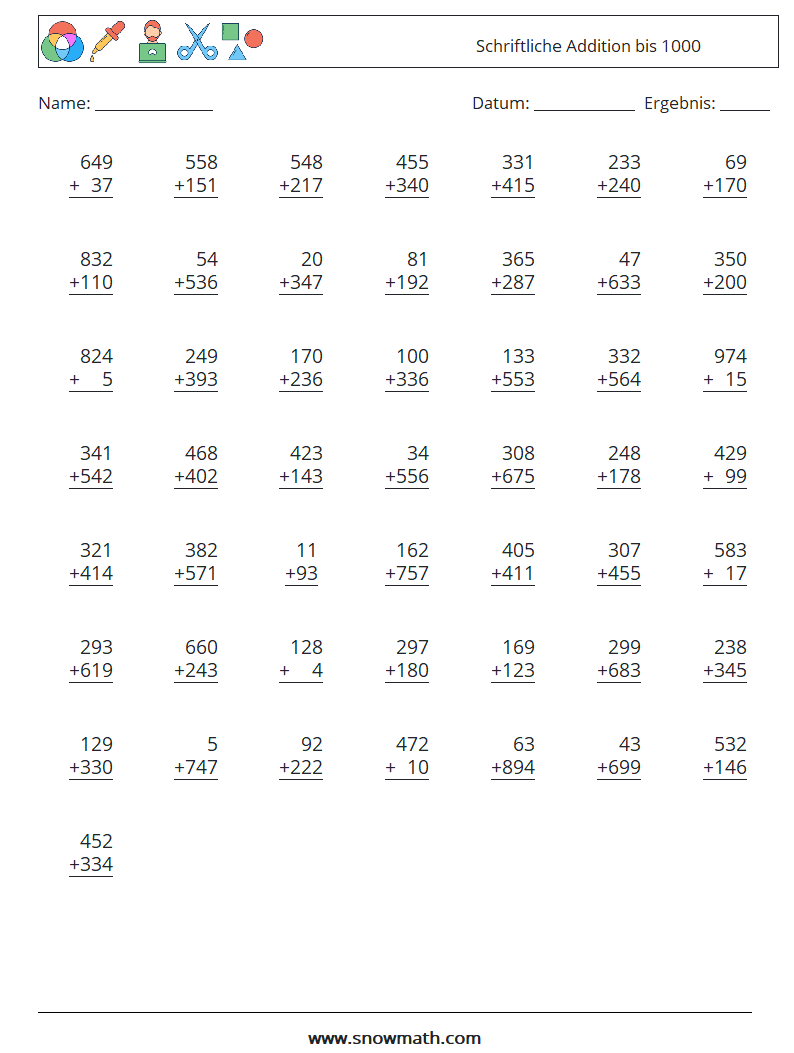 (50) Schriftliche Addition bis 1000 Mathe-Arbeitsblätter 3