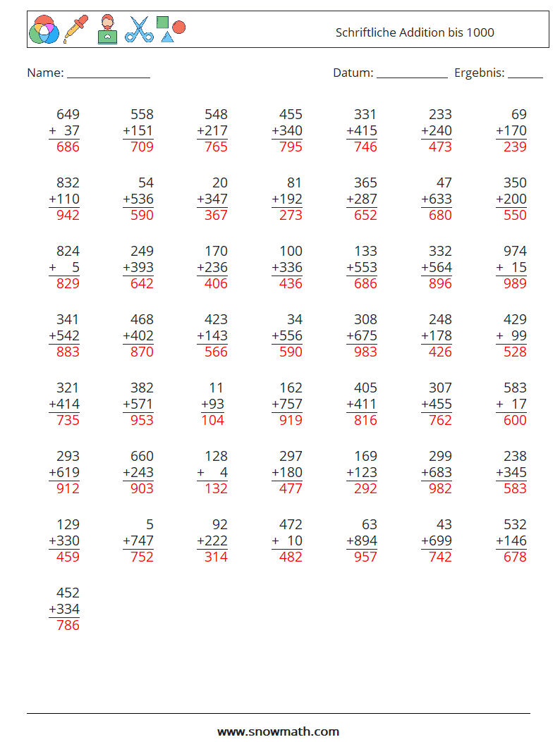 (50) Schriftliche Addition bis 1000 Mathe-Arbeitsblätter 3 Frage, Antwort