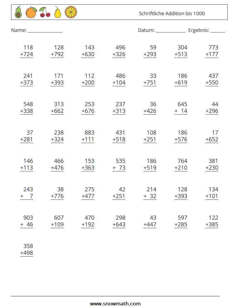 (50) Schriftliche Addition bis 1000 Mathe-Arbeitsblätter 4