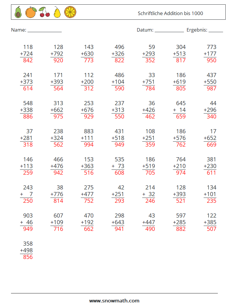 (50) Schriftliche Addition bis 1000 Mathe-Arbeitsblätter 4 Frage, Antwort