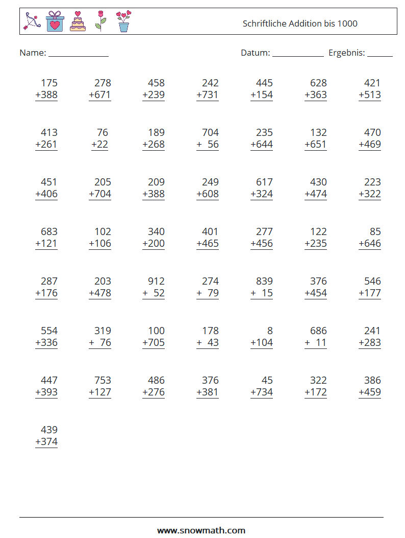 (50) Schriftliche Addition bis 1000 Mathe-Arbeitsblätter 5