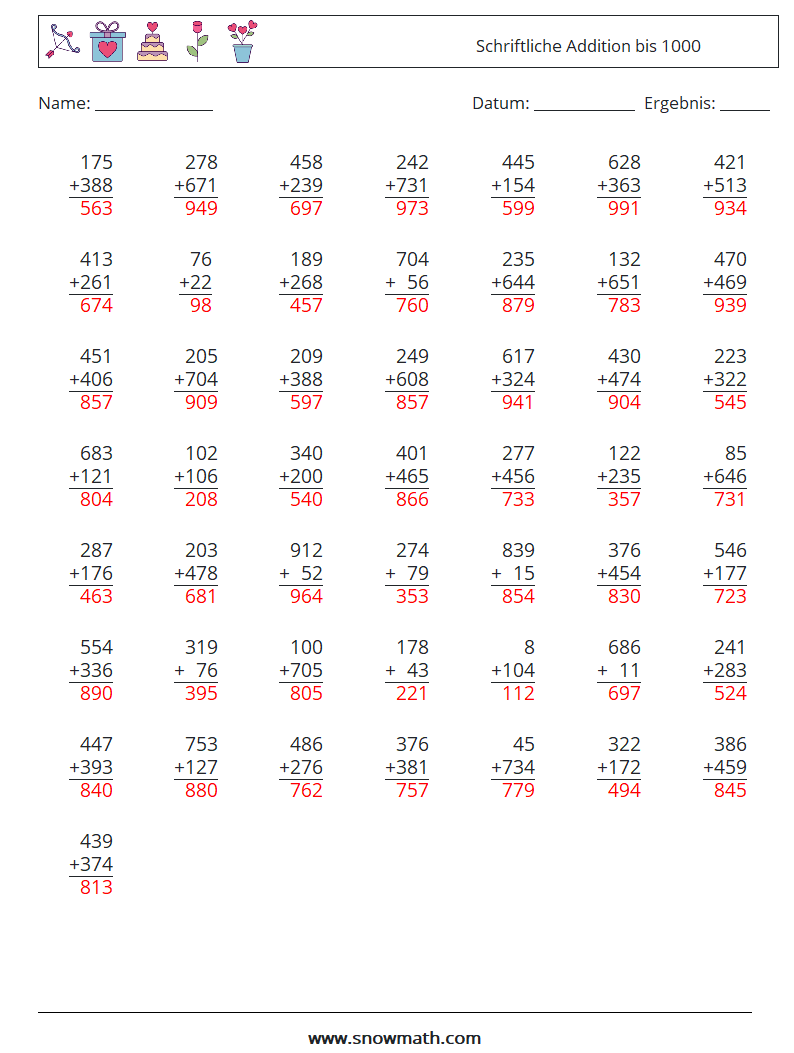 (50) Schriftliche Addition bis 1000 Mathe-Arbeitsblätter 5 Frage, Antwort