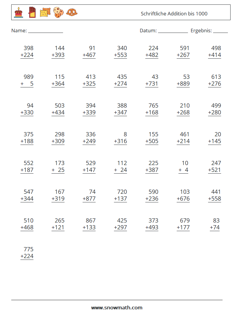 (50) Schriftliche Addition bis 1000 Mathe-Arbeitsblätter 6