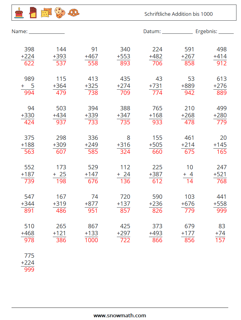 (50) Schriftliche Addition bis 1000 Mathe-Arbeitsblätter 6 Frage, Antwort