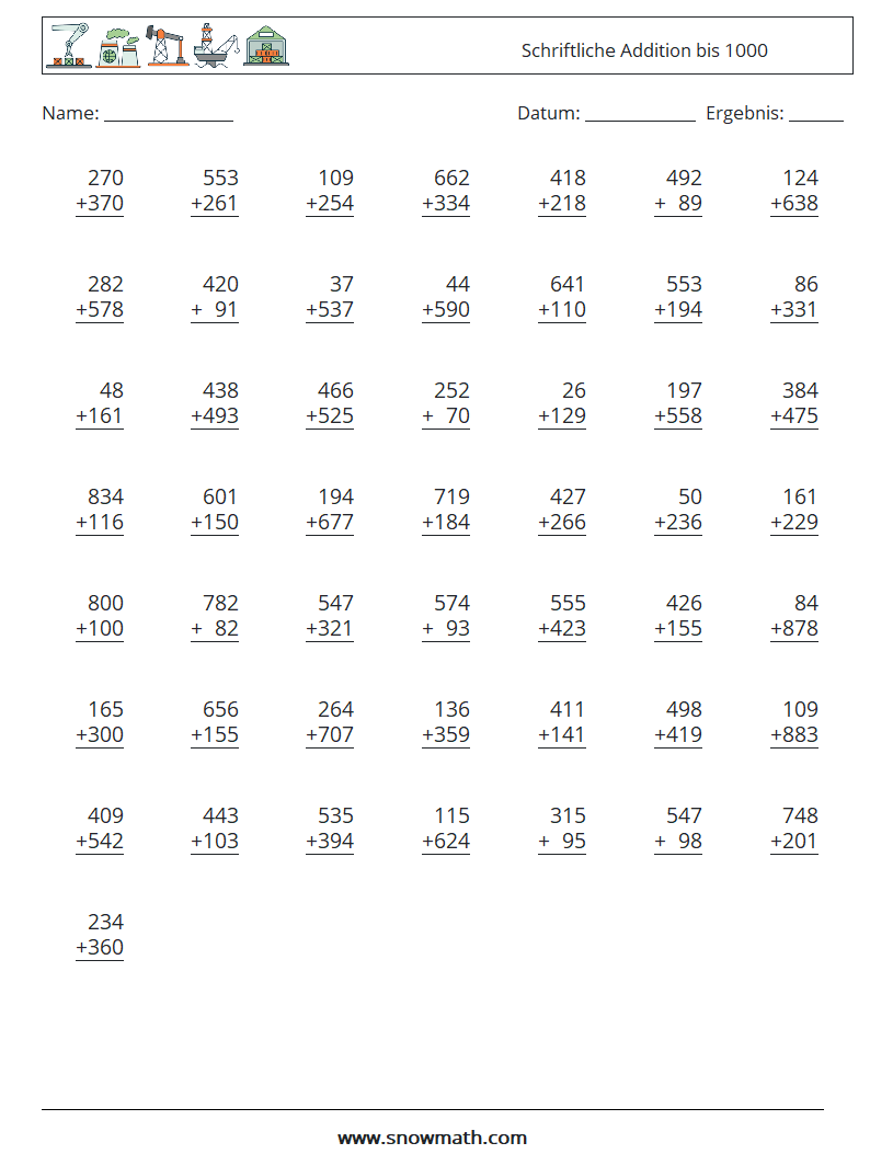 (50) Schriftliche Addition bis 1000 Mathe-Arbeitsblätter 7