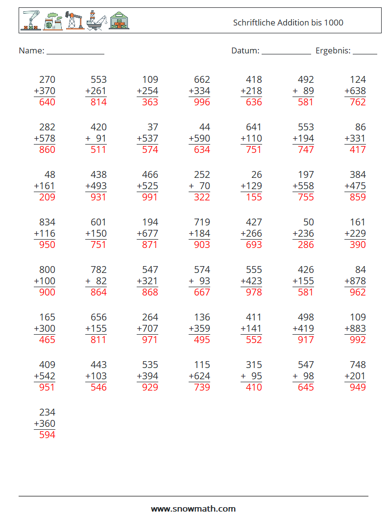 (50) Schriftliche Addition bis 1000 Mathe-Arbeitsblätter 7 Frage, Antwort