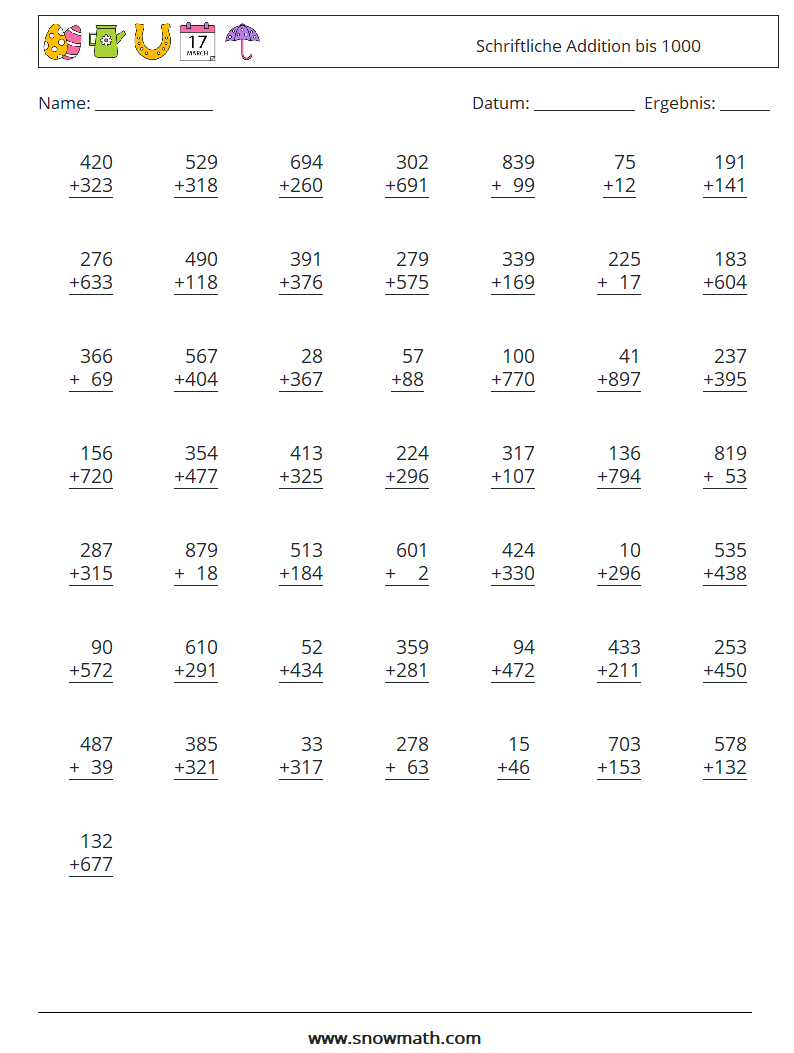 (50) Schriftliche Addition bis 1000 Mathe-Arbeitsblätter 8