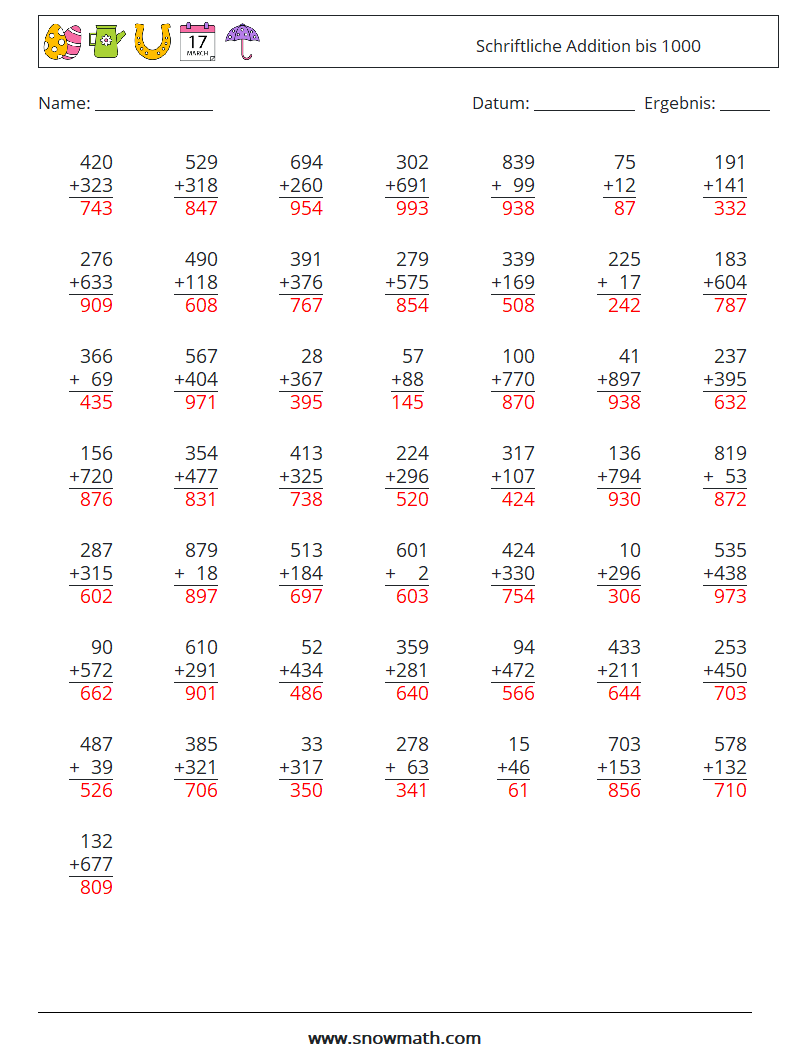 (50) Schriftliche Addition bis 1000 Mathe-Arbeitsblätter 8 Frage, Antwort