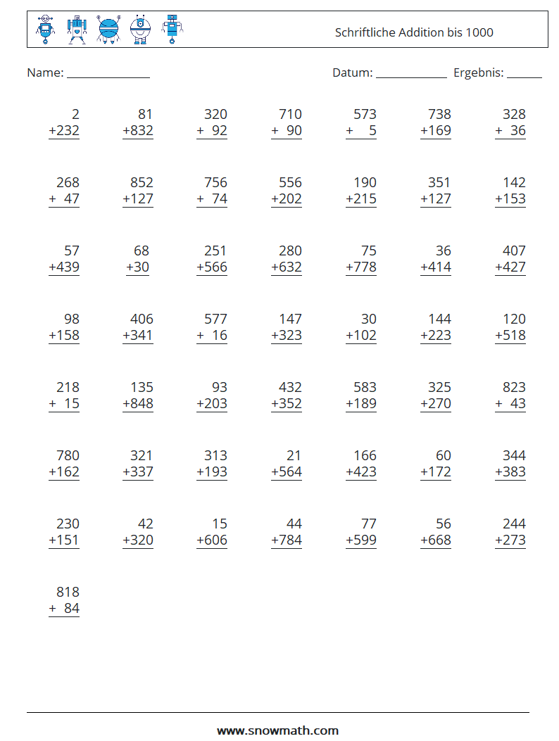 (50) Schriftliche Addition bis 1000 Mathe-Arbeitsblätter 9